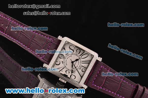 Franck Muller Master Square Swiss Quartz Steel Case with Diamond Bezel and Purple Leather Strap - Click Image to Close